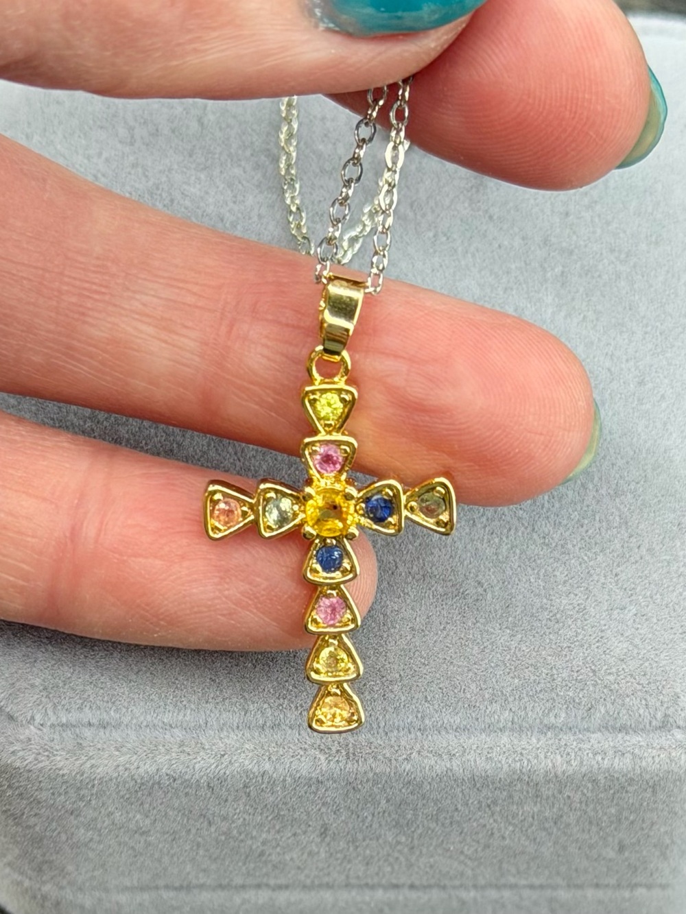 Stunning Multi color Natural Sapphire 18K Yellow Gold Plated over SS Pendant